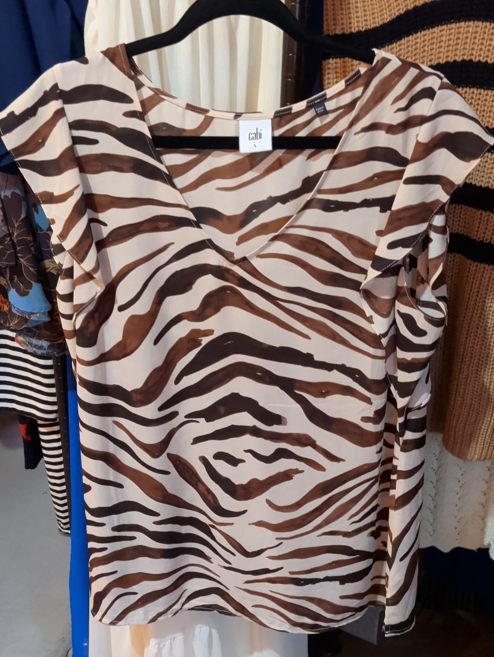 CAbi Brown and Cream Zebra-Print V-Neck Blouse